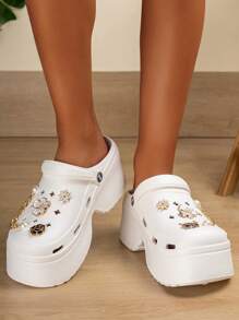 女士镂空鞋，DIY亮片装饰，朋克风厚底镂空设计，舒适花园鞋 - 白金 - 查看 3