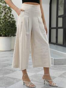 tooluck Women's Wide Leg Pants With Elastic Waist And Casual Pocket Pants - 卡其色 - 查看 1