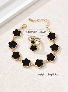 1 Set Fashionable & Versatile Vintage Clover Flower Decor Ring & Bracelet For Women - Black - View 2