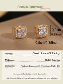 1 Pair Square Gold Zirconia Stud Earrings, Suitable For Women And Girls, Can Be Used As Wedding Or Date Gifts - Gold - View 4
