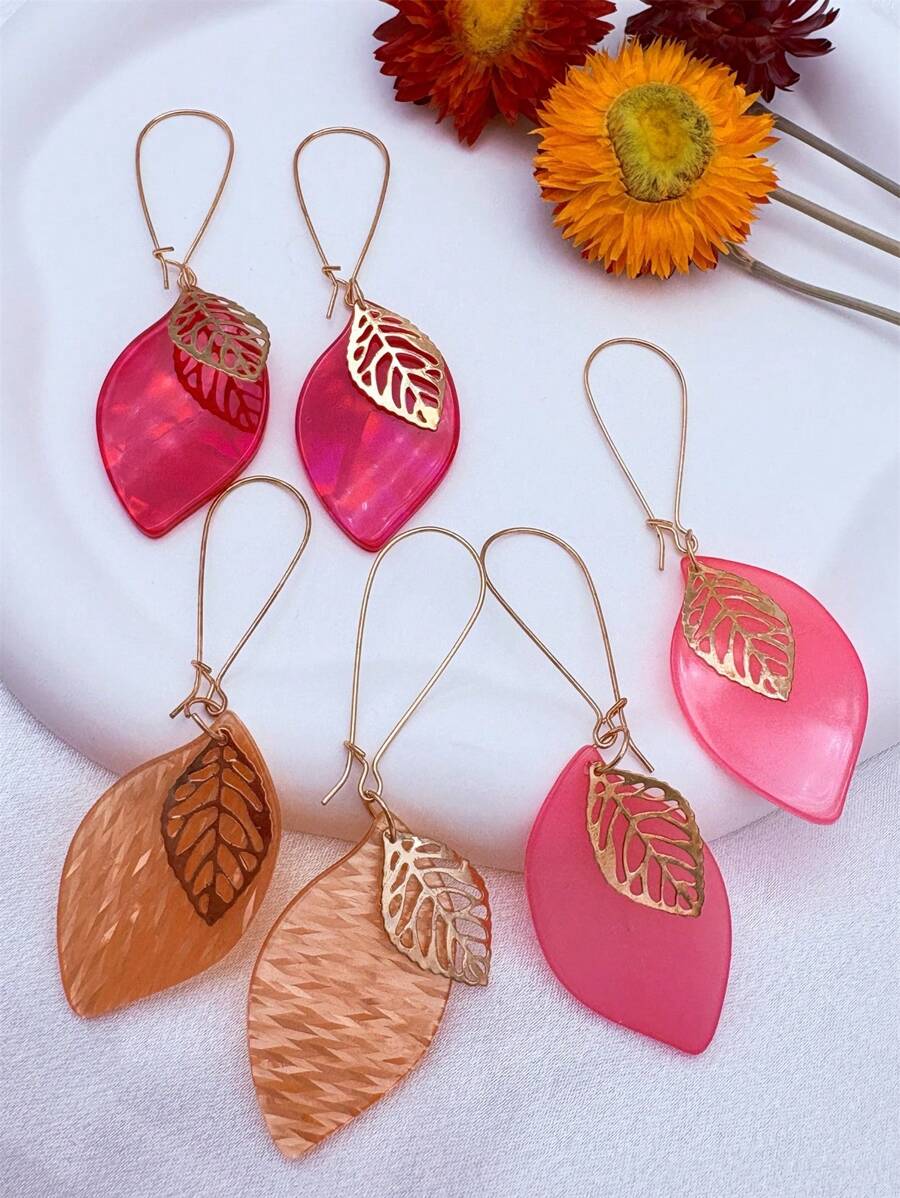 6pcs Acrylic Multi-Layer Hollow Leaf Shape Drop Earrings