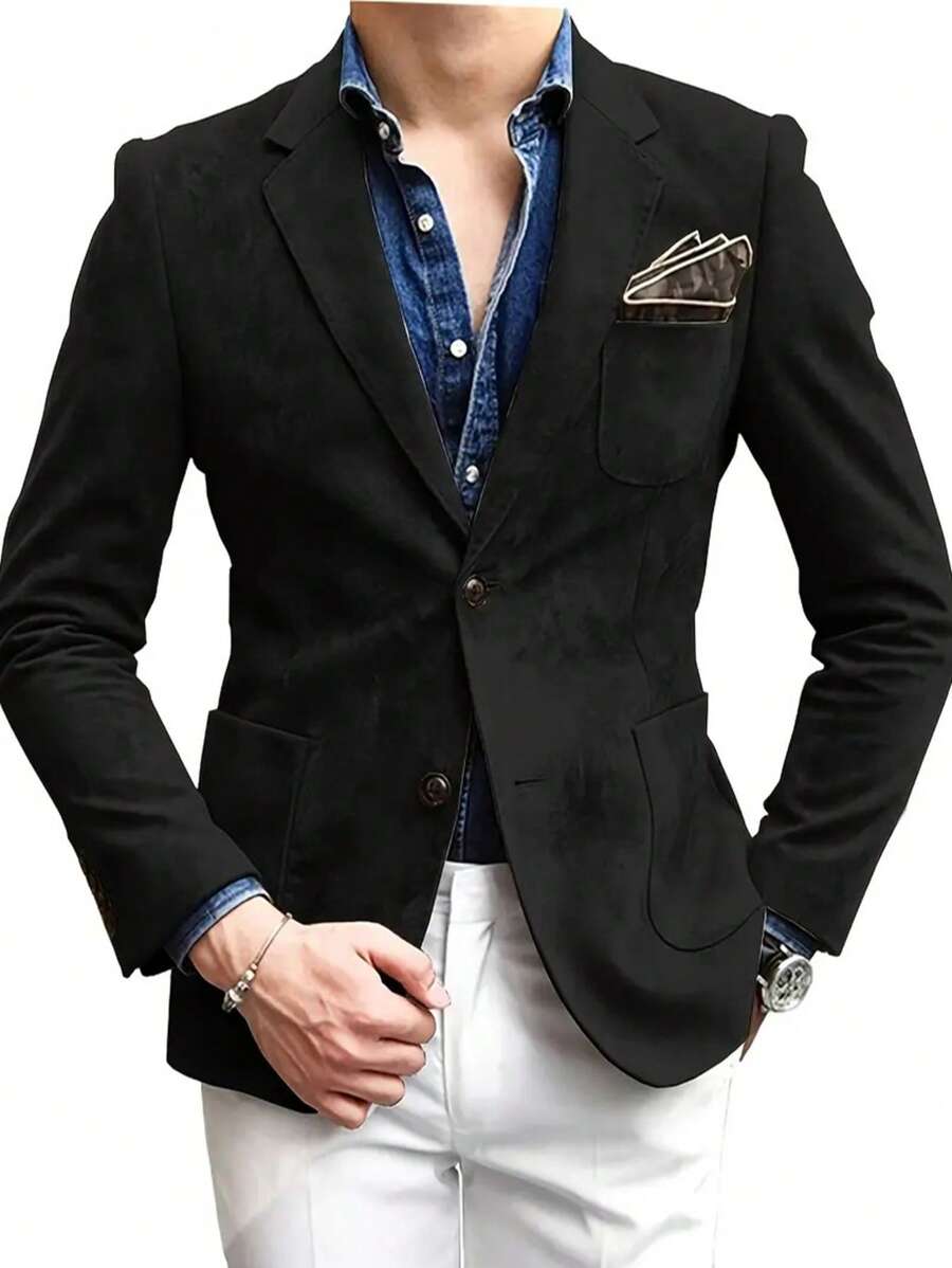 Mens Blazer Suede Jacket Casual 2 Buttons Sport Coat Faux Leather Suit Slim Fit Jacket With Lapel Collar Long Sleeves, Stylish For Business Or Leisure Occasions - 黑色 - 查看 1
