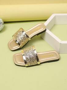 1双加大码金色亮片幼儿/女童时尚凉拖鞋，露趾，平底，防滑，可爱罗马风格，适合3-15岁女孩，日常、休闲、旅行、春夏穿着 - 金色 - 查看 1