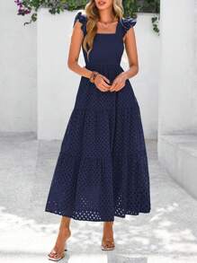 Women's Summer Square Collar Long Dress With Sleeve Cap Hole Eye Ruffles Layered A-Line Casual Vacation Long Skirt With Pockets - Màu xanh hải quân - Xem 3