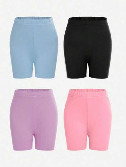 4pcs/Set Girls' Minimalist Colorful Shorts Set, Elastic Knit Soft & Comfortable, Suitable For Summer Casual, Sports, Yoga, Dance, Cycling, Running And Other Activities
