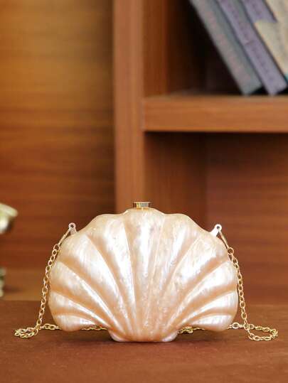 女士晚宴手拿包新娘婚礼个性化迷你贝壳设计亚克力手拿包晚宴包女士舞会带可拆卸金属链适用于婚礼和派对单肩包女士手拿包女士手提晚宴包多功能鸡尾酒会新款钱包宴会包