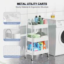 3 层实用滚动推车，带手柄和可锁定轮子的金属储物推车，带网篮的多功能储物整理车，适用于客厅、办公室、车库、TBR 户外装饰