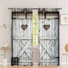 2pcs Retro Wooden Barn Door Graphic Digital Print Sheer Curtains, Lightweight Polyester Fabric, Suitable For Living Room, Wardrobe, Kitchen, Bedroom, Study, Bathroom, Hotel, Dining Room, Entryway, Home Decor - Multicolor - View 2