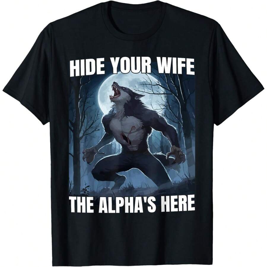 Retro Hide Your Wife The Alpha Is Here Funny Wolf Meme Men T-Shirt Oversized Short Sleeve Classic Heavy Cotton T Shirt Printed Graphic Tee Women's Casual Short-Sleeved Top - 設計4 - 查看 1