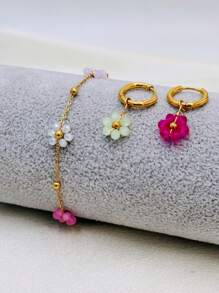 Daisy Flower Bracelet Necklace Anklet Earrings Set, Suitable For Women Spring/Summer Outfits