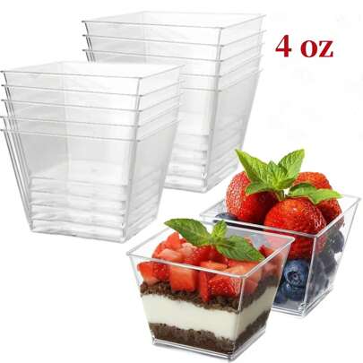 10pcs/20pcs/30pcs Plastic Dessert Cups, 120ml 4oz Dessert Bowl, Clear Reusable Dessert Cups, Plastic Square Dessert Cups, Cake Molds For Pudding, Ice Cream, Mousse, Birthday And Wedding.