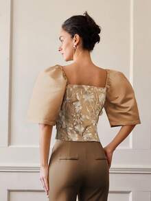 Áo cánh dự tiệc vải đặc biệt thêu cao cấp dành cho nữ, mùa hè, áo crop top, trang phục công sở thường ngày, đi nghỉ, tay bồng - màu nâu - Xem 2