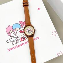 Sanrio Reloj casual de cuarzo de esfera redonda con puntero para mujer, estilo retro romano y diseño lindo de Hello Kitty, Kuromi, Cinnamoroll y Melod de Sanrio, con correa de piel de poliuretano, regalo de Navidad, cumpleaños para mamá, mujeres y niñas