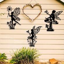 3pcs Black Metal Fairy Wall Art Set, Simple Fairy Silhouette Decor For Living Room, Bedroom, Bathroom, Kitchen, Terrace, Balcony, Indoor & Outdoor Use, No Electricity Needed,Garden Courtyard Wall Decoration.