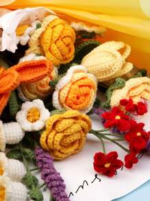 1 Conjunto Kit de Crochê de Buquê de Flores para Iniciantes, DIY Tricô de Lã, Material do Buquê de Rosas, Tulipas, Girassóis com Acessórios Básicos e Tutoriais, Presente Ideal para Férias