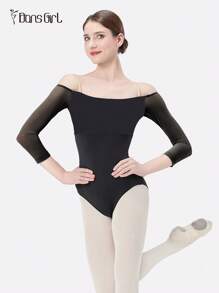 DonsGirl 女式七分袖性感露肩连体衣，撞色网眼拼接芭蕾舞蹈紧身衣，性感甜美女孩瑜伽运动紧身衣表演服