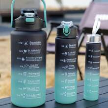 户外便携式塑料水瓶，大容量渐变色带绳和吸管杯，三合一套装（300ml/800ml/2000ml）