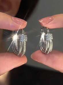 1 Pair Asymmetrical Hoop Earrings With Crystal Decor, Elegant For Women, Suitable For Party, Daily Wear, Celebration, Birthday Gift - Silver - View 1