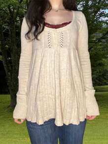 Women Y2K Fairy Grunge Knitted Shirt Top Vintage Long Sleeve Square Neck Button Tunic Tops Retro Peplum Blouse Sweaters Aesthetic Clothes Knitwear - White - View 1