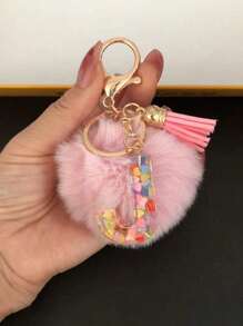 Letter Initial Keychain, Cute Fluffy Ball Keyring, Can Be Hung On Bags, Backpacks, Cars, Ideal Gift For Women And Girls, Also A Wallet And Handbag Accessory. This Tassel Keychain Includes Letters A-Z, Suitable For Commuting Wear. - Pink - View 15