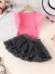2pcs/Set Young Girl Net Fabric Patchwork Contrast Color Casual Top And Mini Skirt Set - Hot Pink - View 3