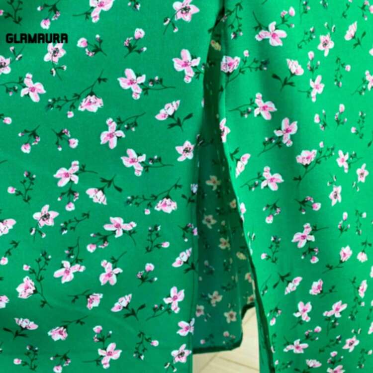 Women's Loose-Fitting Dress With Discreet Floral Print And Thigh Slit And Puff Sleeves - Green - View 4