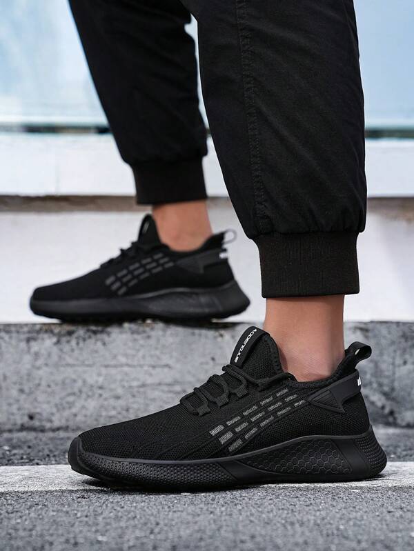 Men's Minimalist Style Solid Black Knitted Mesh Lace-Up Low-Top Casual Sport Shoes, Outdoor Collegiate Light-Weight Breathable Mesh Running Sneakers