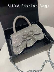 Shiny Rhinestone Solid Color Bow Evening Bag, Women's Rhinestone Handbag Metal Chain Crossbody Party Bag, Suitable For Party Dress, Y2K, Wedding, Holiday, Party, Dance, For Gift Giving - Silver - View 2