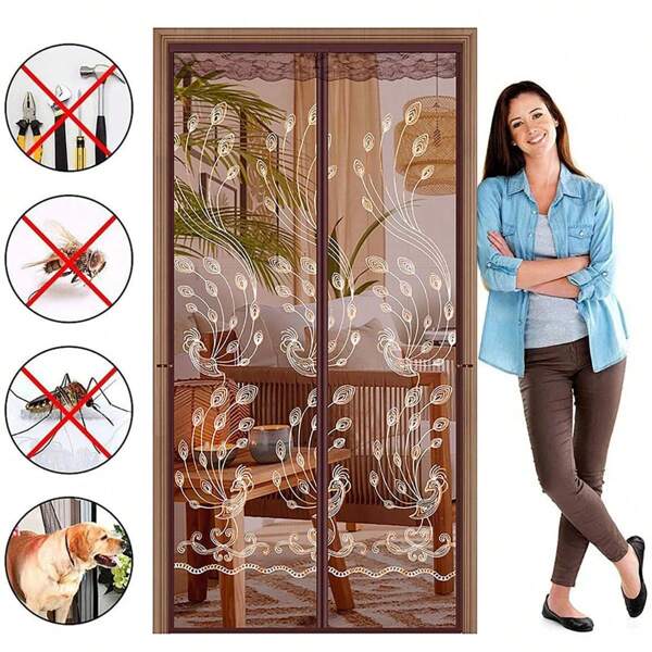 Puerta de malla magnética, Puerta de pantalla magnética de fibra de poliéster actualizada, Puerta de pantalla magnética resistente a mosquitos y moscas - Marrón