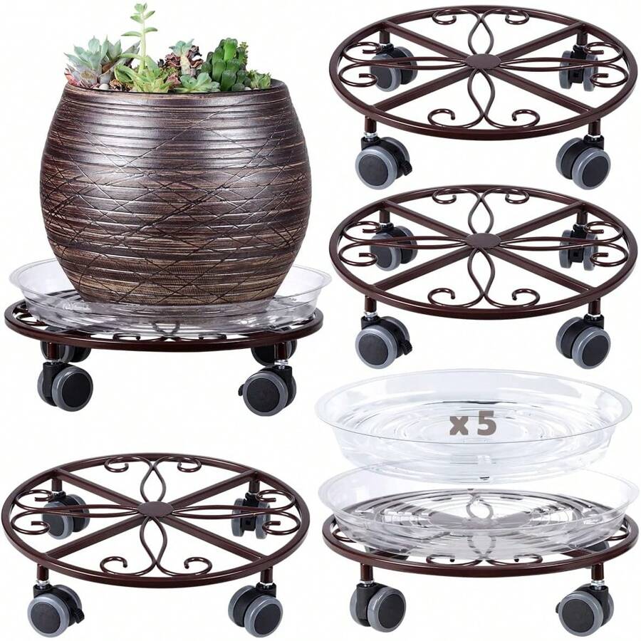 5 Pack Plant Caddy With Wheels Heavy Duty 13.5 Inches Metal Plant Stand With Wheels Plant Dolly Rolling Plant Stand Plant Roller With Casters For Indoor And Outdoor, Bronze
