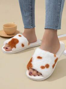 1 paar damespantoffels van pluche - luxe, warme, ademende, antislip PVC-zool voor binnen, bedrukt met een klein koetje