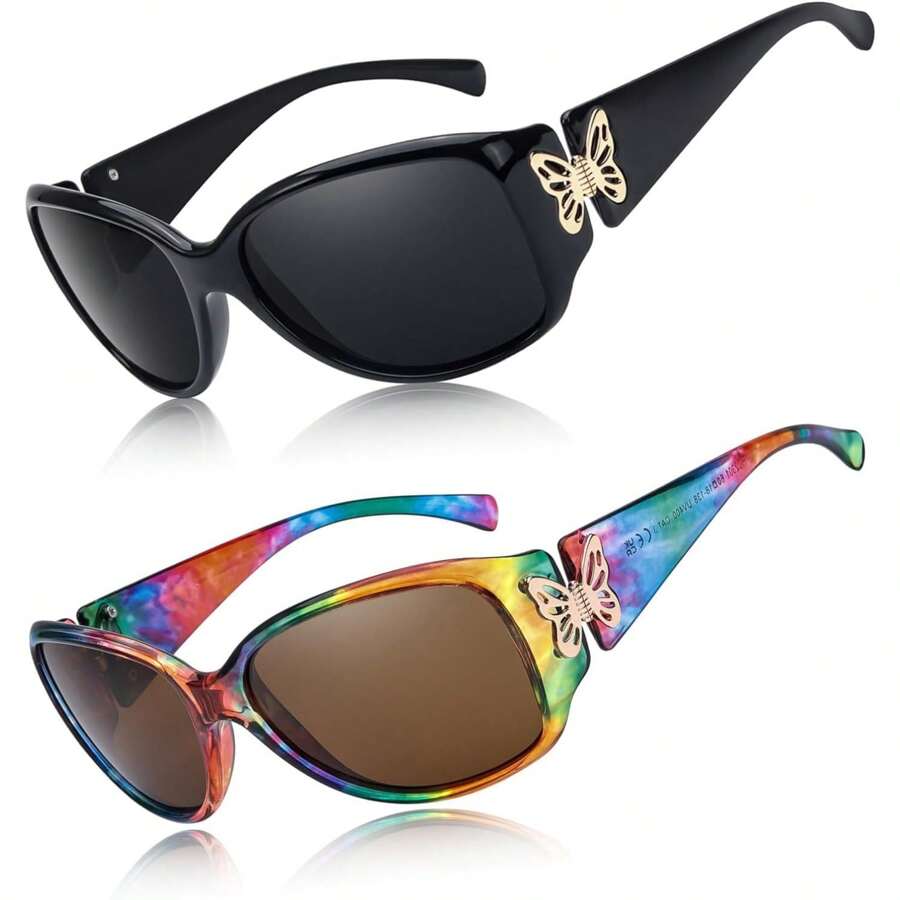 HYCHIC Polarized Sunglasses For Women 2026, Retro Shades With UV400 Protection Butterfly Decors (2 Pack) - A4 (2 gói) đen/xám+cầu vồng/nâu - Xem 1