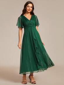 EVERPRETTY Spring Elegant V Neck Ruffle Sleeve Kink Design Dark Green Bridesmaid Dress Wedding Guest Gown For Wedding,St. Patrick's Day - Dark Green - View 5
