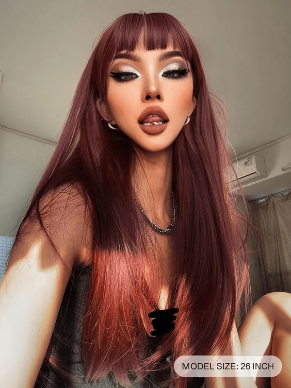 1x Extensão/peruca de cabelo liso sintético longo, resistente ao calor, vermelho-rosa, 26 polegadas; adequada para uso diário; feita de fibra; aparência natural e realista.
