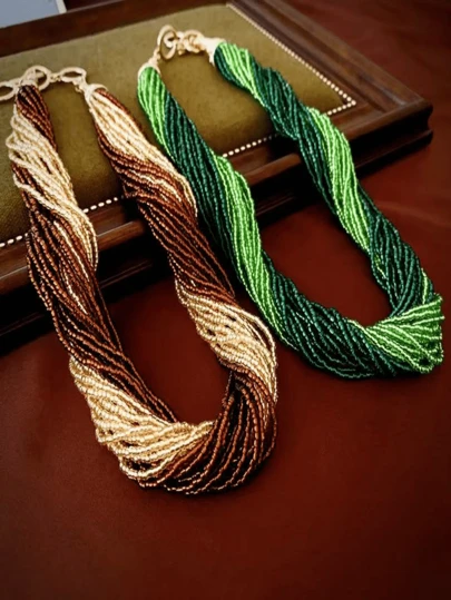 Boho Style Multi-Layer Pearl Handmade Beaded Braided Necklace, Casual Versatile