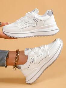 Women's Casual Sports Sneakers, New Arrivals Spring/Autumn, White Leather Upper Lace-Up Flat Shoes, Non-Slip Running Shoes, Student Travel Shoes