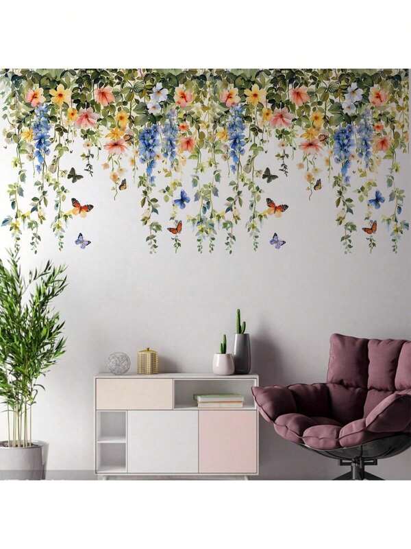 1pc Fanyu Rose Vine Butterfly Wall Stickers - Self-Adhesive Removable PVC Decals With Pink Roses, Green Leaves & Purple Butterflies For Walls, Plastic Surfaces - Fantasy Floral Decor, Semi-Matte Finish, Butterfly Decorations Room Decor Wall Decor