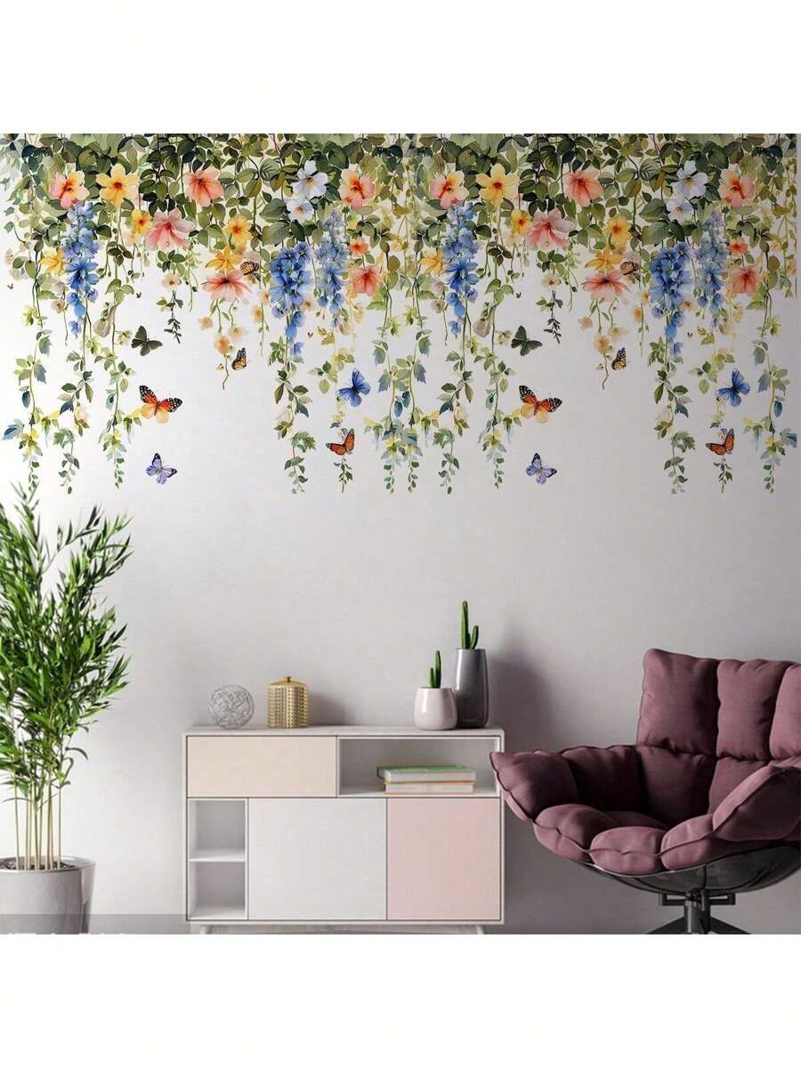 1 pieza Vides, flores, hojas, mariposas y abejas Pegatina de pared extraíble DIY para dormitorio, sala de estar, oficina, aula, pegatinas, vinilo para decoración del hogar, artículos de decoración del hogar para refrescar tu hogar - Multicolor - Ver 1
