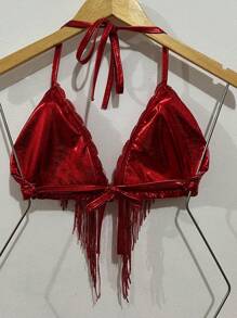 Sexy Metallic Cropped Top With Sequin Fringes With Padding And Backless, V-Neck, Ties At The Back And Neck, Suitable For Holiday Parties, Carnival Fashion, Clubwear, One Size Fits 38-42 - 紅色 - 查看 4