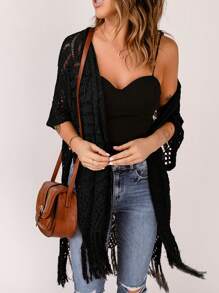 Acelitt 女式纯色简约休闲和服罩衫，带流苏装饰