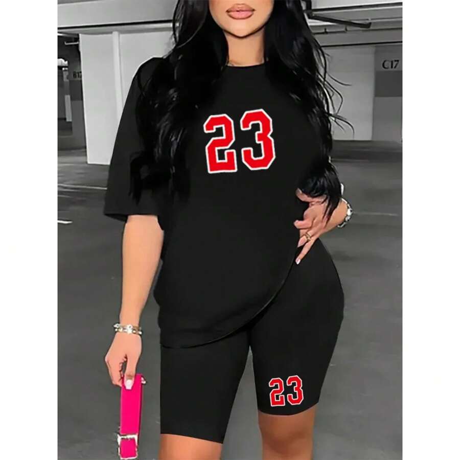 Letter Print Two Piece Set Girl Sumer Short Sleeve T-Shirt Short Leggings Womens Clothing - 黑色 - 查看 1