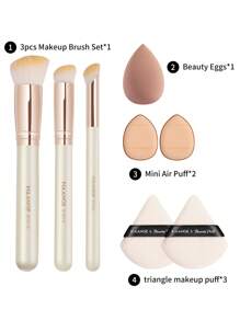 MAANGE 8pcs Makeup Tool Kit 3pcs Basic Makeup Brushes Set Foundation Concealer Details Brushes Soft Dense Fiber 2pcs Triangle Velvet Powder Puff 1pc Beauty Cosmetics Blending Sponge Egg 2pcs Mini Air Cushion Puff For Travel, Party Reapply Makeup - 杏色 - 查看 2