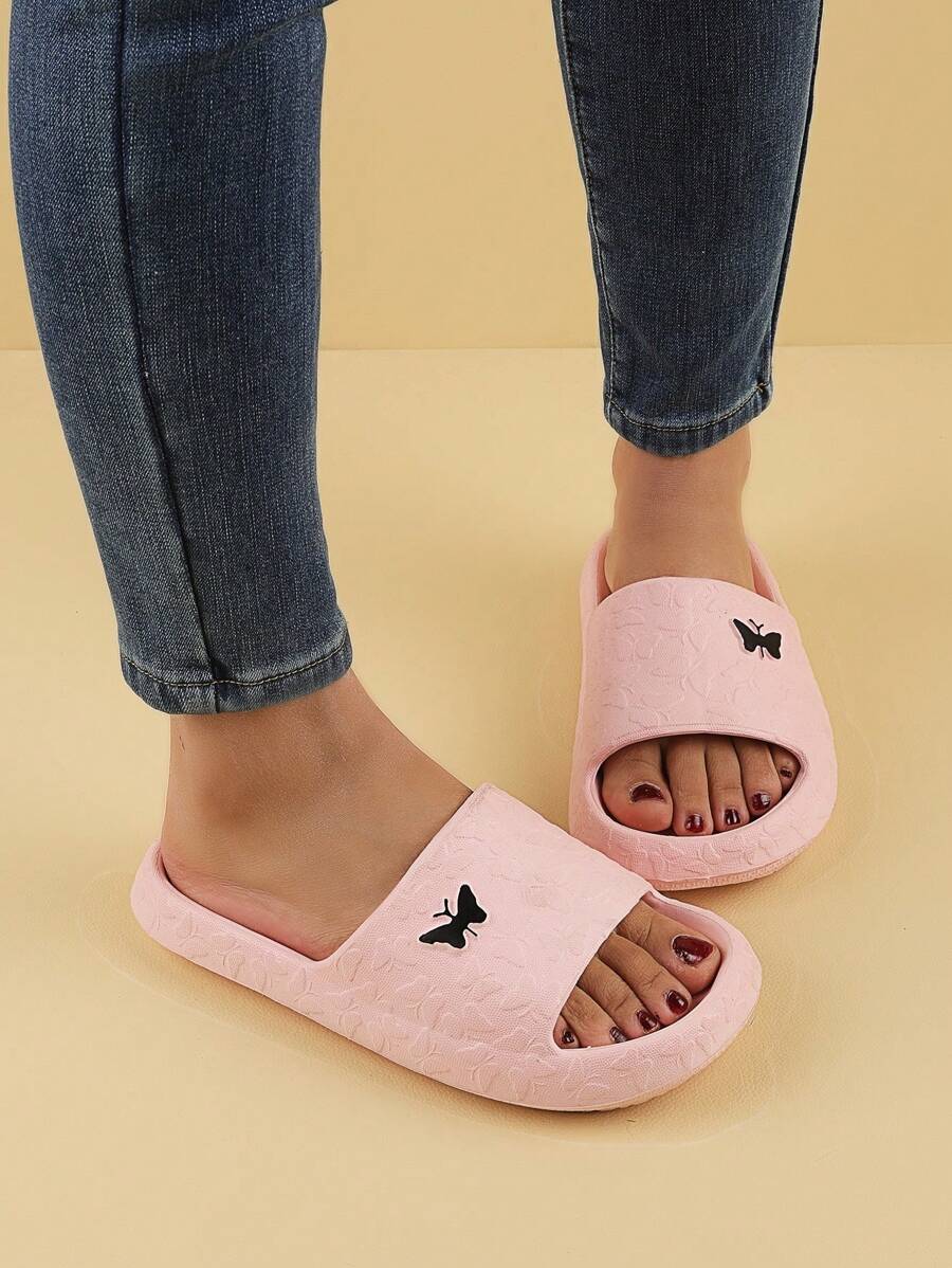 Women's Thick Sole Soft & Lightweight Casual Slippers, Cute Cartoon Design, Suitable For Summer Indoor Bathroom Shower And Home Wear - Pink Butterfly - View 1