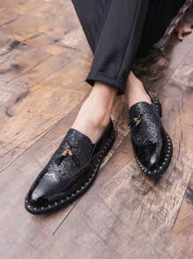 Pointed Toe Slip-On Leather Shoes, Korean British Style Fashion Casual Business Dress Loafers, Tassels Breathable Oxfords, Low-Top Designer Dress Shoes - Black - View 7