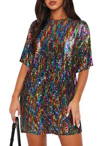 全新夏季欧美女士亮片圆领鸡尾酒会百搭时尚连衣裙 - 紅色和黑色 - 查看 5