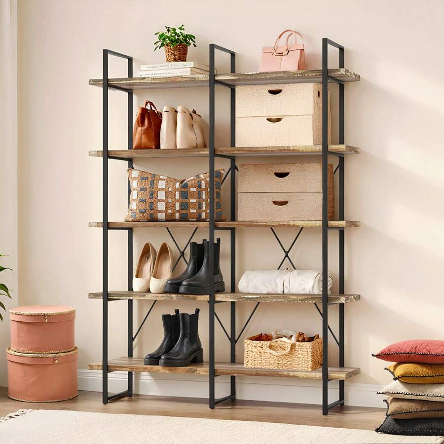 Double Wide 5-Tier Storage Rack, Vintage Industrial Large Shelves, Wood ...