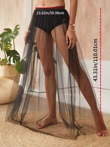 1pc Women's 2025 New Arrival Elegant Long Dress, Sexy Sheer Mesh Skirt - Black - View 4