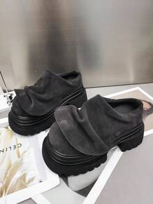 女士荷叶边厚底一脚蹬穆勒鞋，休闲舒适纯色厚底鞋