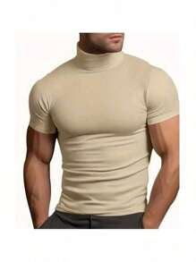 American Slim Fit Turtleneck T-Shirt In Super Premium Ribbed Fabric - Màu be - Xem 1