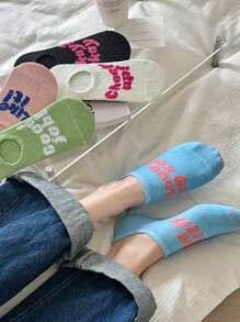 5 Pairs Women's Cute Breathable Letter Pattern Ankle Socks, Boat Socks, Invisible Socks, Fashion Socks, Soft & Comfortable, White Socks, Candy Colors, Minimalist Design, Student Socks, Suitable For Daily Casual Wear, All Seasons - Multicolor - View 11